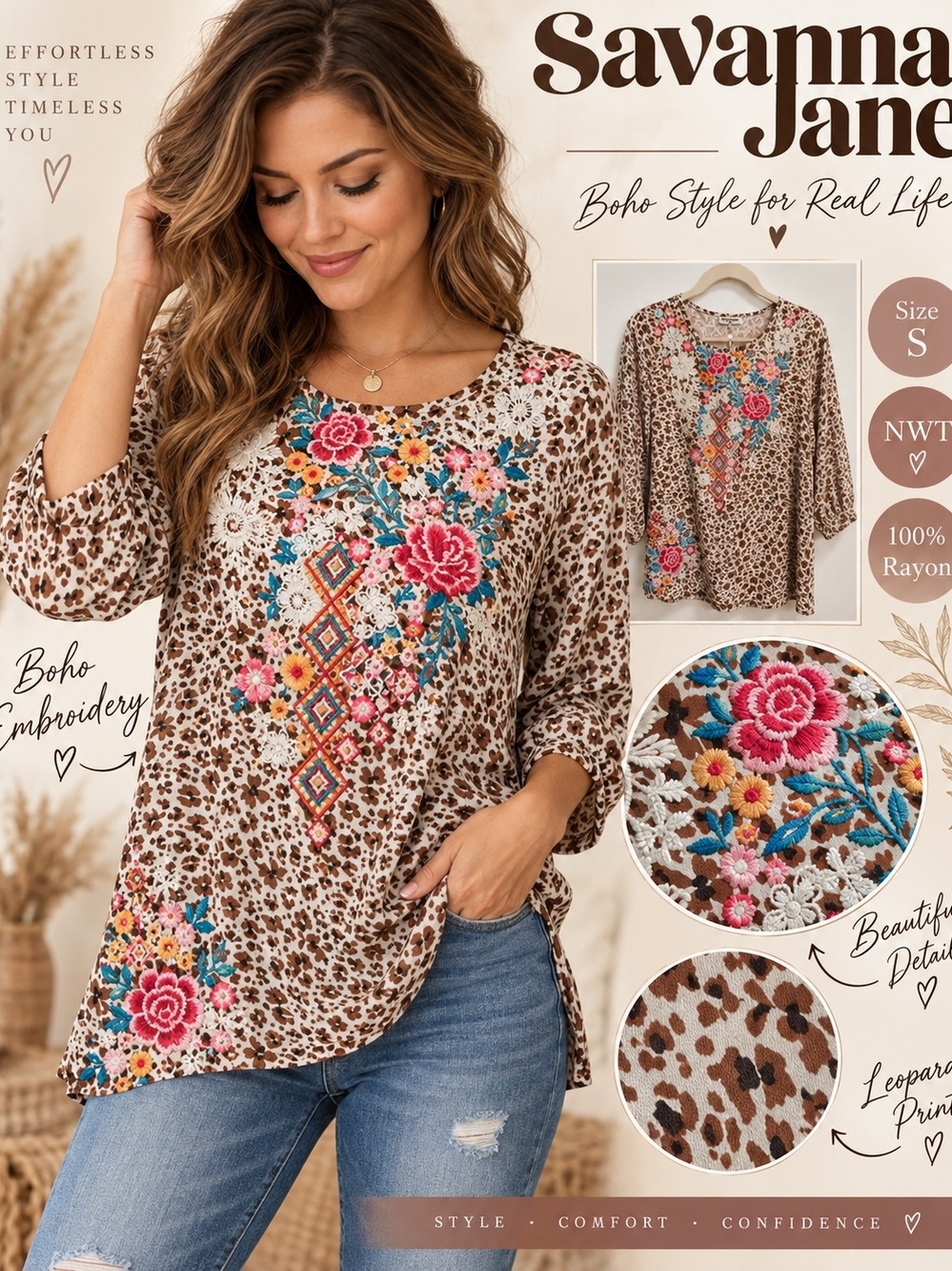 NWT Savanna Jane Leopard Floral Embroidered Boho Tunic Top Size S